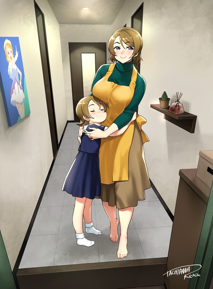 2girls apron barefoot blue_dress blush breasts brown_hair brown_skirt closed_mouth commission dress green_sweater hug koizumi_hanayo large_breasts long_sleeves looking_at_viewer love_live! mother_and_daughter multiple_girls older poster_(object) pov_doorway signature skeb_commission skirt smile socks standing sweater tachibana_roku violet_eyes yellow_apron
