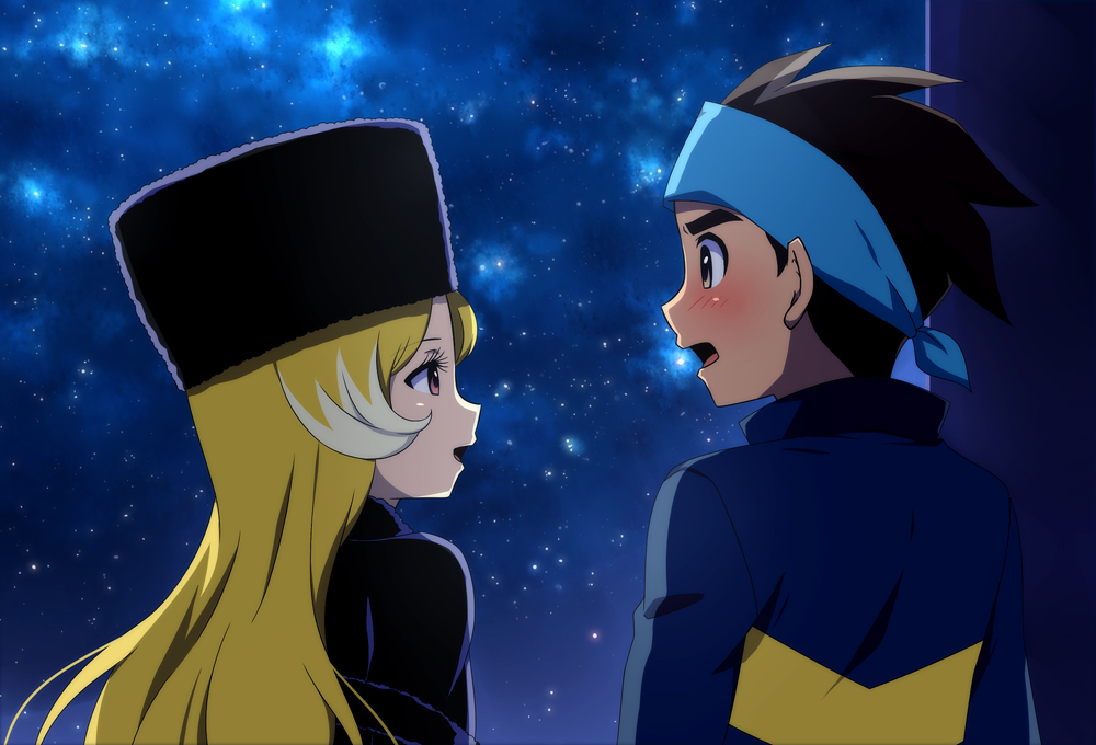 1boy 1girl bangs black_capelet black_headwear blonde_hair blue_headband blue_jacket blush capelet from_behind fur_hat fur_trim hako_(shimaaka_box) hat headband jacket long_hair looking_at_another night night_sky shinkansen_henkei_robo_shinkalion shinkansen_henkei_robo_shinkalion_z sky smile togakushi_taiju tsukino_maetel ushanka v-shaped_eyebrows