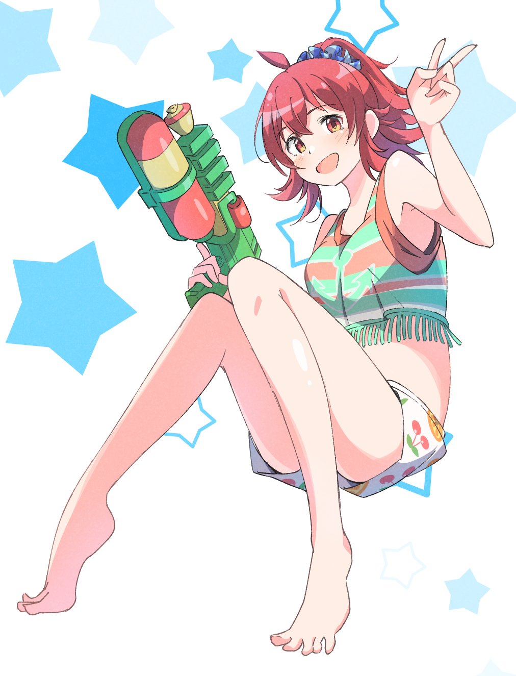 1girl ahoge anchor_print bangs barefoot blue_scrunchie blush commentary eito12 hair_between_eyes hand_up highres holding holding_water_gun idolmaster idolmaster_shiny_colors komiya_kaho legs long_hair looking_at_viewer open_mouth ponytail print_shorts red_eyes scrunchie shirt shorts smile solo star_(symbol) stomach striped striped_shirt tank_top thighs v water_gun white_background white_shorts