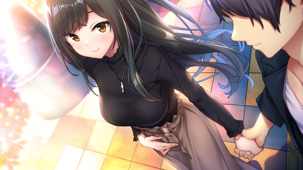 1boy 1girl amakusa_hisagi baffu black_hair black_shirt blue_hair blush breasts brown_eyes brown_skirt closed_mouth collarbone couple floating_hair from_above game_cg gradient_hair hair_over_eyes holding_hands jewelry large_breasts long_hair long_skirt long_sleeves mole mole_under_eye multicolored_hair pendant shirt skirt smile straight_hair tomodachi_kara_koibito_he very_long_hair walking