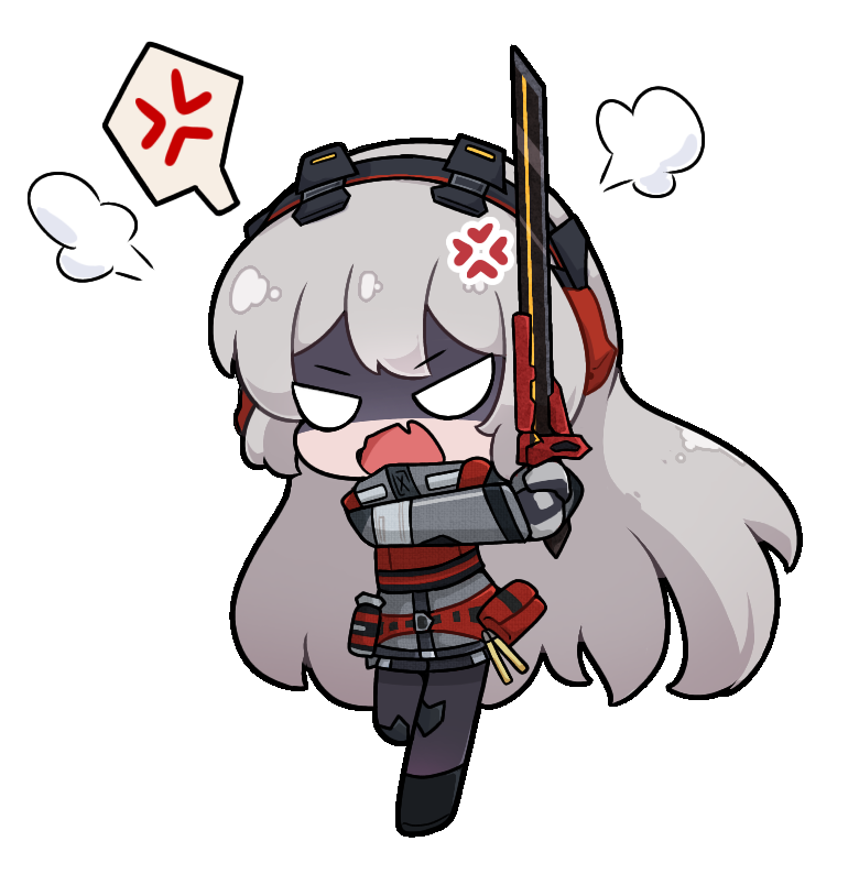 1girl anger_vein angry bangs blush body_armor bulletproof_vest charolic_(girls'_frontline_2) chibi commission commissioner_upload full_body girls'_frontline_2:_exilium grey_hair hair_between_eyes headphones holding holding_sword holding_weapon kurotofu load_bearing_equipment load_bearing_vest long_hair long_sleeves open_mouth pouch running solo sword tactical_clothes transparent_background weapon