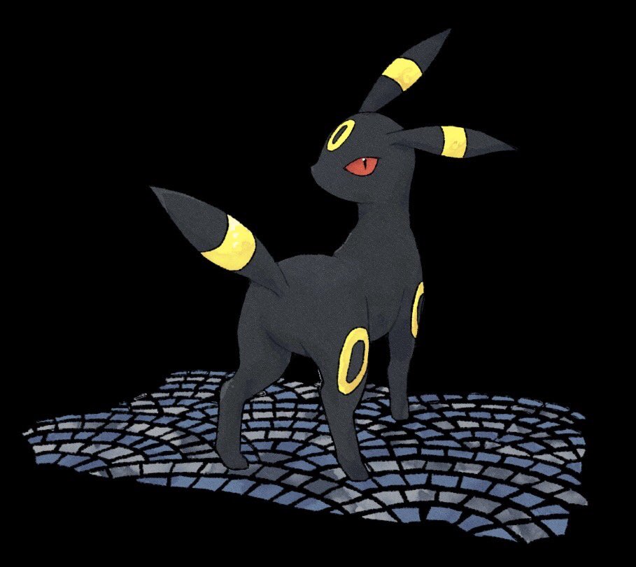 animal_focus black_background commentary_request full_body looking_at_viewer looking_back no_humans omaru_(wick_moshi) pokemon pokemon_(creature) red_eyes solo standing tile_floor tiles umbreon