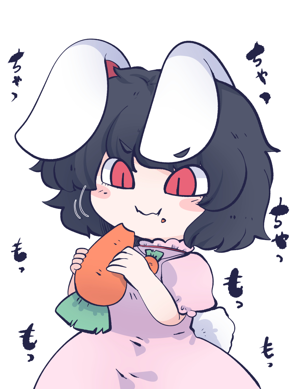 1girl animal_ears black_hair blush_stickers carrot closed_mouth dress eating food food_on_face fried_rice0614 highres holding holding_food inaba_tewi one-hour_drawing_challenge pink_dress puffy_short_sleeves puffy_sleeves rabbit_ears rabbit_tail red_eyes short_hair short_sleeves simple_background solo tail touhou upper_body vegetable white_background