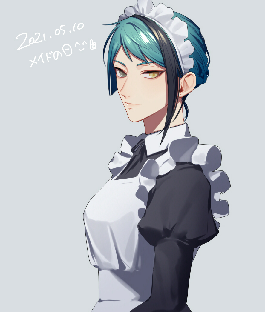 1girl alternate_costume apron bangs black_dress black_hair blue_hair breasts brown_eyes collared_dress dated dodoss_dont dress enmaided frilled_apron frills from_side genderswap genderswap_(mtf) grey_background heterochromia jade_leech juliet_sleeves long_sleeves looking_at_viewer looking_to_the_side maid maid_headdress multicolored_hair puffy_sleeves smile streaked_hair twisted_wonderland updo upper_body yellow_eyes