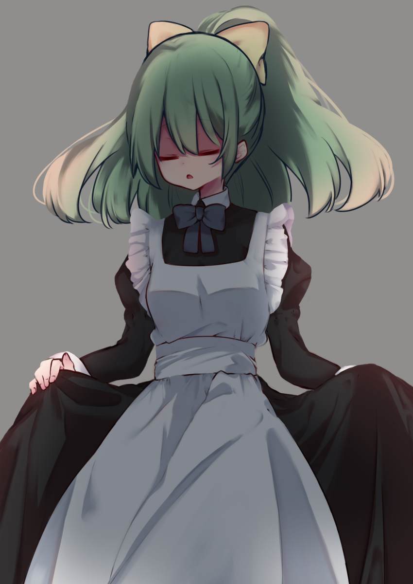 1girl alternate_costume apron bangs benia08 black_dress bow bowtie breasts closed_eyes commentary_request cookie_(touhou) cowboy_shot curtsey daiyousei diyusi_(cookie) dress enmaided green_hair grey_background grey_bow grey_bowtie hair_bow highres juliet_sleeves long_hair long_sleeves maid maid_apron open_mouth ponytail puffy_sleeves simple_background small_breasts solo touhou white_apron yellow_bow