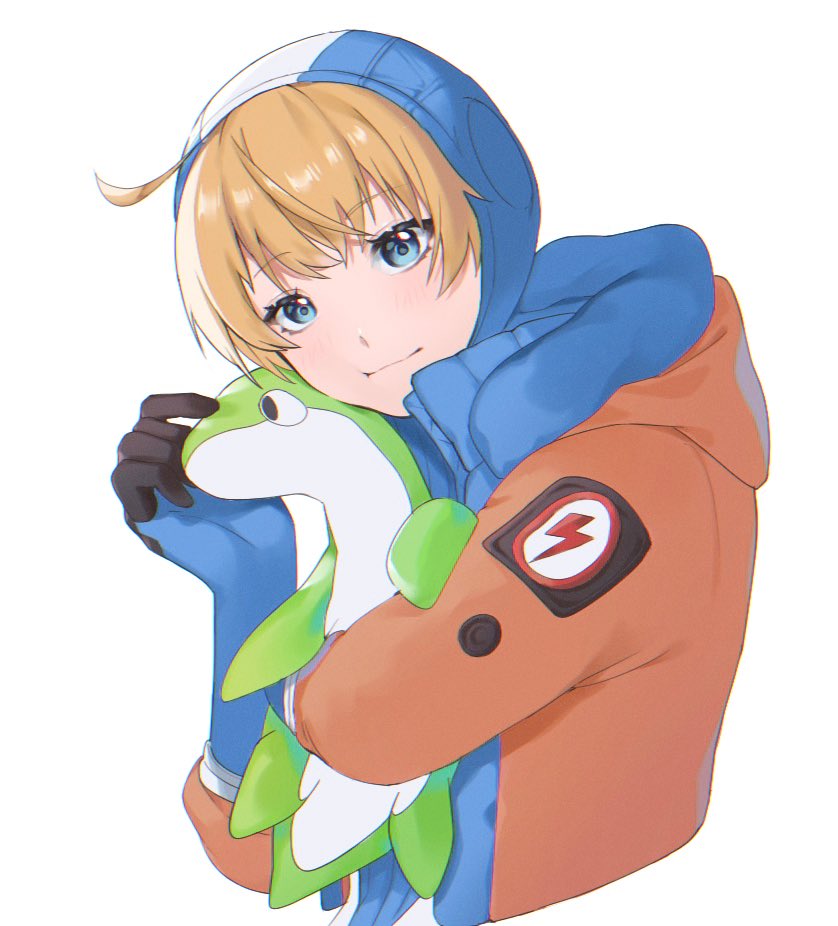 1girl apex_legends blue_bodysuit blue_eyes blue_gloves blue_headwear bodysuit gloves head_tilt holding holding_stuffed_toy hood hooded_jacket jacket lightning_bolt_symbol looking_at_viewer lupi_(yuni_060969) nessie_(respawn) orange_jacket ribbed_bodysuit smile solo stuffed_toy wattson_(apex_legends) white_background