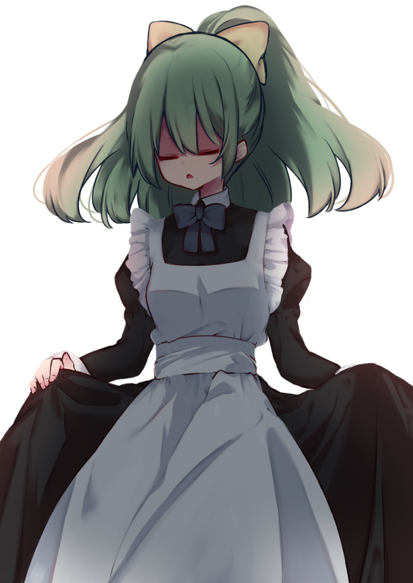 1girl alternate_costume apron bangs benia08 black_dress bow bowtie breasts closed_eyes commentary_request cookie_(touhou) cowboy_shot curtsey daiyousei diyusi_(cookie) dress enmaided green_hair grey_bow grey_bowtie hair_bow highres juliet_sleeves long_hair long_sleeves maid maid_apron open_mouth ponytail puffy_sleeves simple_background small_breasts solo touhou white_apron white_background yellow_bow