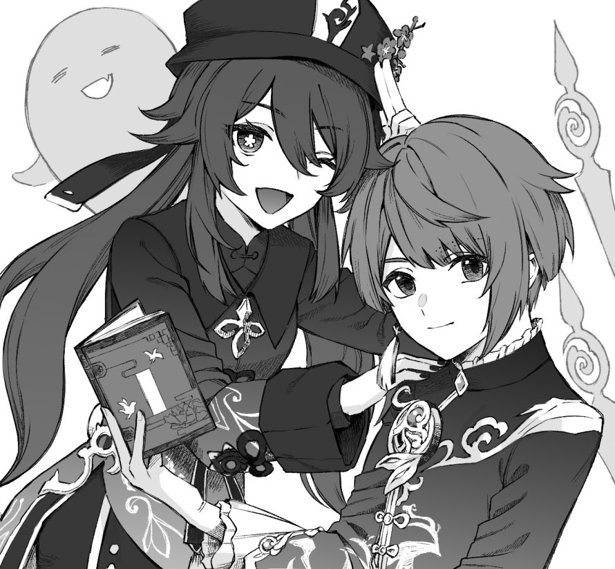 1boy 1girl bangs book closed_mouth earrings flower flower-shaped_pupils frilled_sleeves frills genshin_impact ghost greyscale hair_between_eyes hat hat_flower holding holding_book hu_tao_(genshin_impact) jewelry long_hair long_sleeves looking_at_viewer low_twintails monochrome nail_polish one_eye_closed open_mouth simple_background single_earring symbol-shaped_pupils togatamaki twintails upper_body xingqiu_(genshin_impact)
