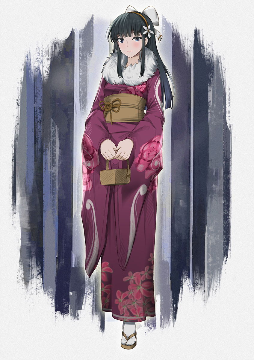 1girl black_hair blue_eyes breasts floral_print full_body fur-trimmed_kimono fur_trim furisode highres japanese_clothes kidou_keisatsu_patlabor kimono long_hair medium_breasts obi persocon93 print_kimono red_kimono sash sidelocks solo standing tabi white_legwear wide_sleeves zouri