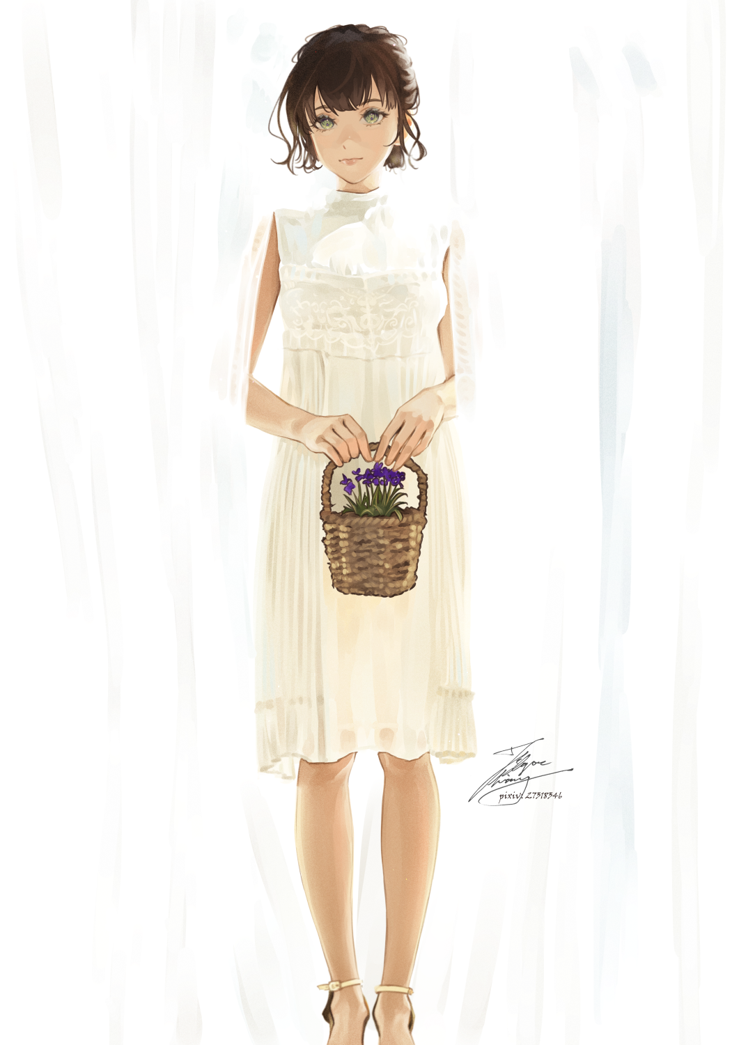 1girl backlighting bare_arms basket brown_hair closed_mouth commentary_request curtains dress fadingz flower green_eyes high_heels highres holding holding_basket looking_at_viewer original purple_flower short_hair signature sleeveless sleeveless_dress solo white_dress