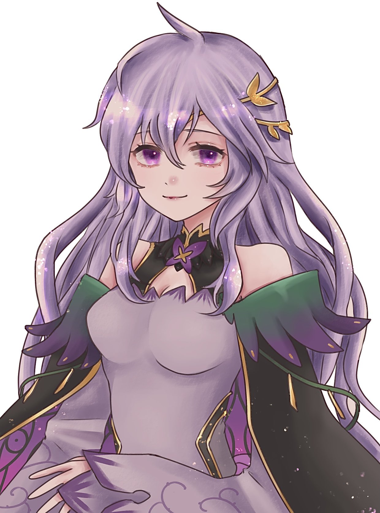 1girl bangs bare_shoulders breasts deirdre_(fire_emblem) dress fire_emblem fire_emblem:_genealogy_of_the_holy_war fire_emblem_heroes hair_between_eyes hair_ornament highres long_hair looking_at_viewer official_alternate_costume purple_dress purple_hair run_illust smile solo violet_eyes white_background