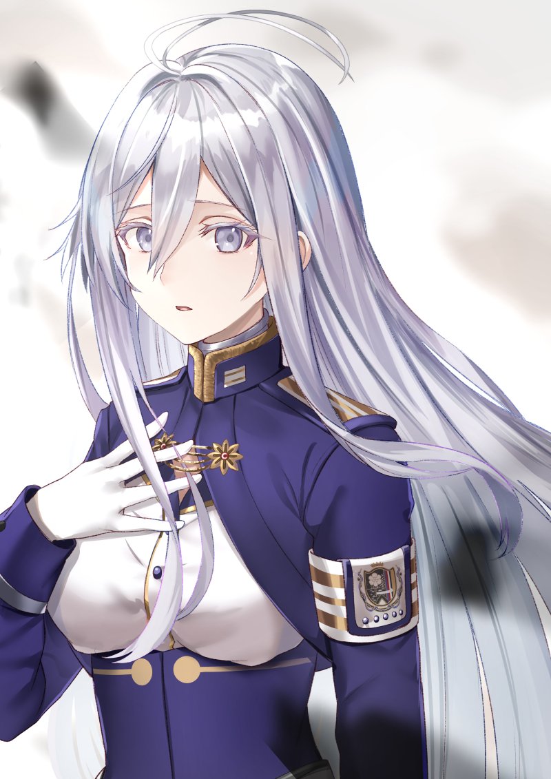 1girl 86_-eightysix- bangs blue_jacket blue_skirt breasts gakuon_(gakuto) gloves grey_eyes grey_hair hair_behind_ear hair_between_eyes hand_on_hip hand_on_own_chest high-waist_skirt jacket long_hair looking_at_viewer medium_breasts military military_uniform open_mouth skirt solo uniform very_long_hair vladilena_millize white_gloves