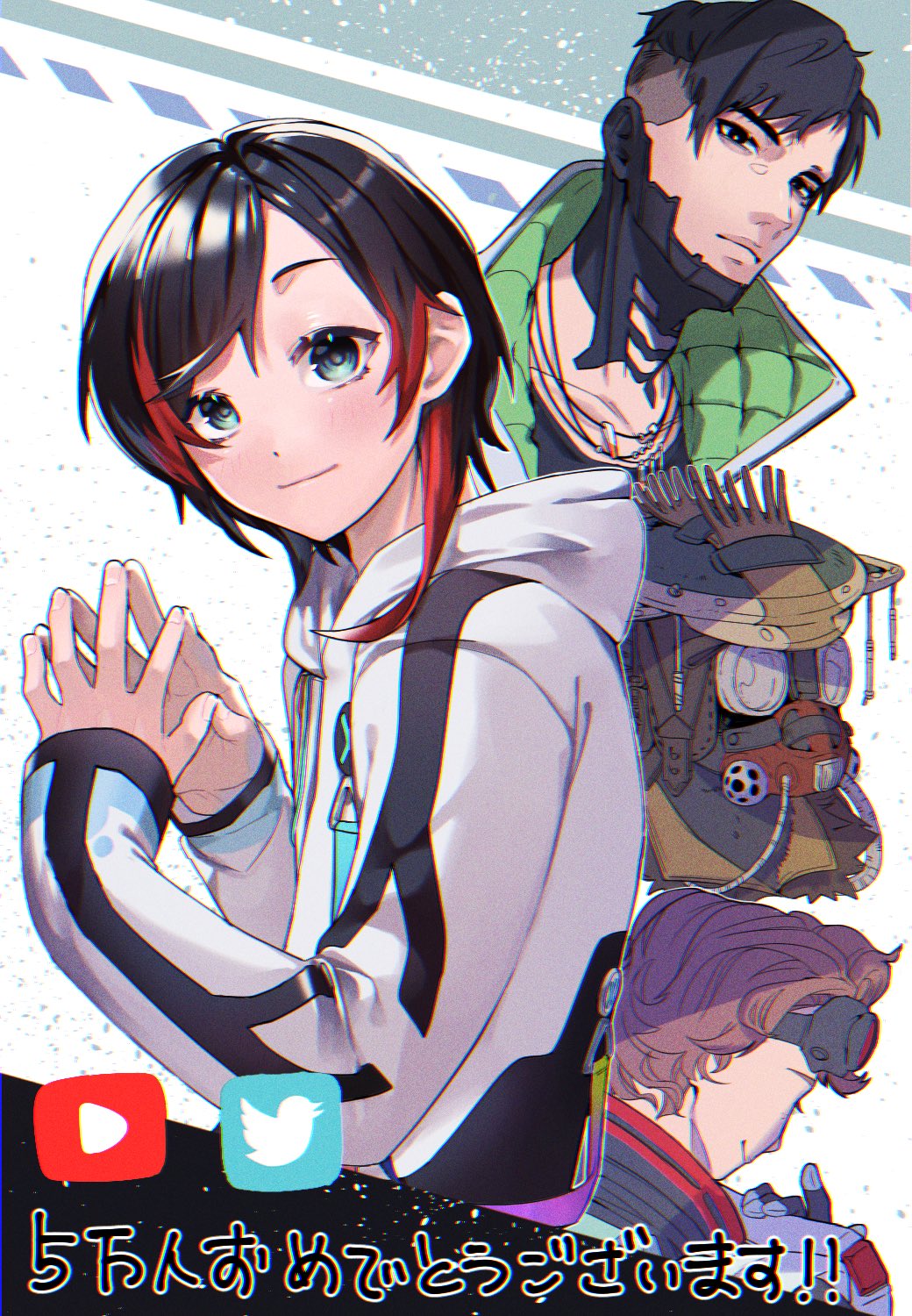 1girl 1other 2boys apex_legends black_gloves black_hair bloodhound_(apex_legends) blue_eyes blush collarbone crazy_raccoon crypto_(apex_legends) gloves goggles goggles_on_head helmet highres hood hoodie horizon_(apex_legends) jewelry looking_at_viewer lupi_(yuni_060969) multicolored_hair multiple_boys necklace orange_hair own_hands_together rebreather redhead short_hair smile streaked_hair twitter_logo uruca_(vtuber) white_hoodie youtube_logo