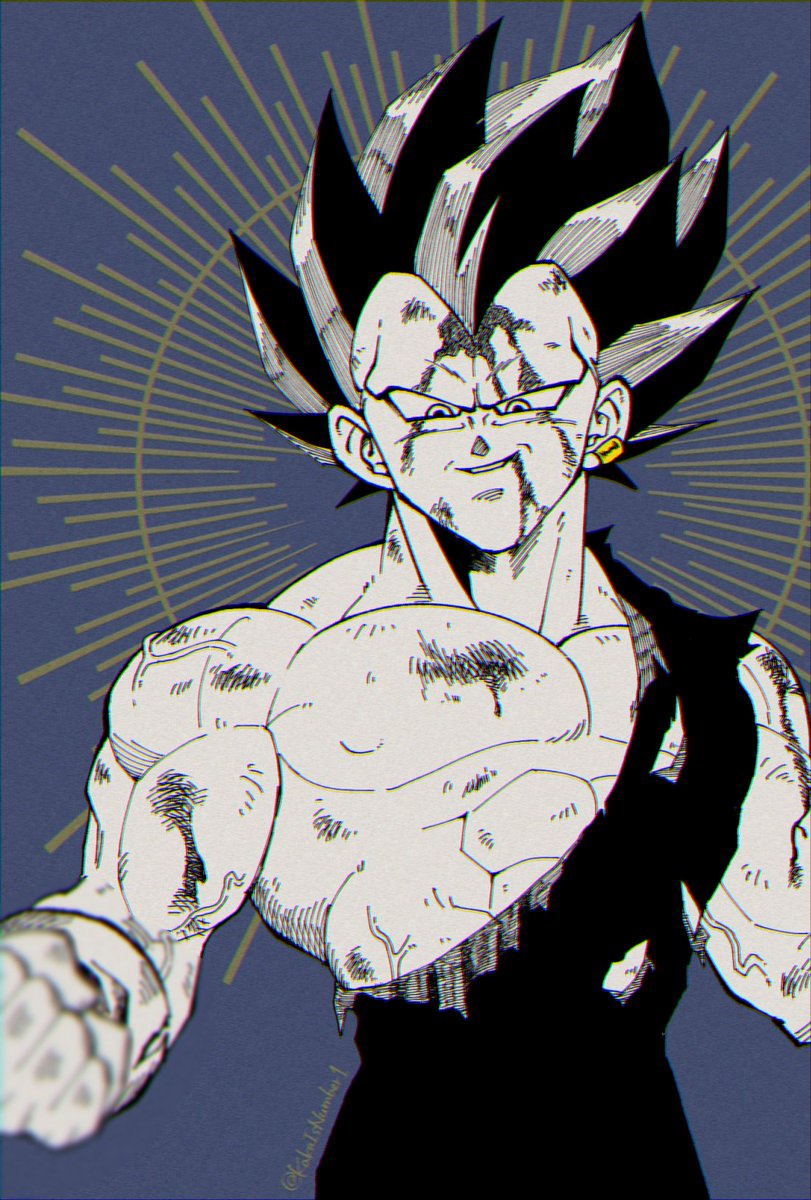 1boy bleeding bleeding_from_forehead blood blood_from_mouth blood_on_arm blood_on_chest blood_on_face blue_background blurry bodysuit clenched_hand commentary_request dragon_ball dragon_ball_super ear_ornament film_grain gloves highres limited_palette looking_down muscular muscular_male nishimu_(nishimu246246) no_eyebrows simple_background smirk solo spiky_hair torn_bodysuit torn_clothes torn_gloves twitter_username ultra_ego_(dragon_ball) vegeta veins widow's_peak