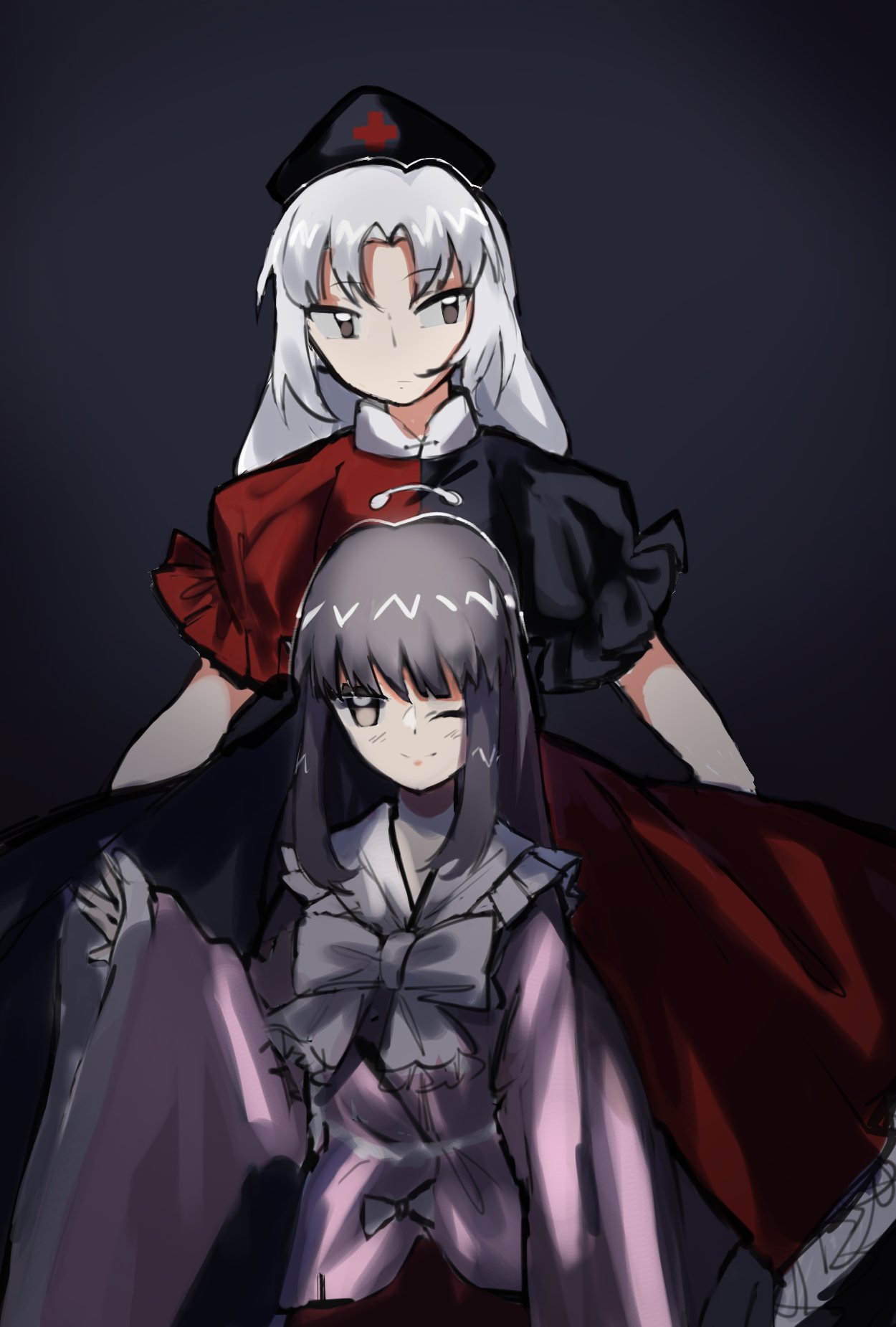 2girls blue_dress bow bowtie commeowdore cross dress grey_background grey_hair hat highres houraisan_kaguya long_hair long_sleeves looking_at_viewer multiple_girls one_eye_closed pink_dress red_cross short_sleeves simple_background standing touhou yagokoro_eirin