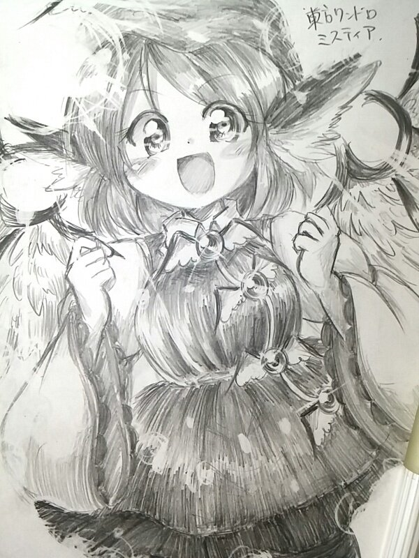 1girl animal_ears bird_ears bird_wings blush dress fingernails frilled_sleeves frills long_fingernails long_sleeves monochrome mystia_lorelei open_mouth photo_(medium) sharp_fingernails short_hair smile solo touhou traditional_media vu_(oyavun) wide_sleeves winged_hat wings