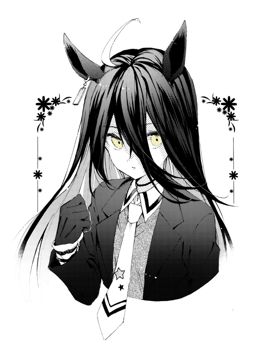 1girl ahoge animal_ears bangs clenched_hand collared_shirt cropped_torso gloves hair_between_eyes hand_up horse_ears jacket long_hair long_sleeves manhattan_cafe_(umamusume) monochrome necktie open_clothes open_jacket ouri_(aya_pine) parted_lips shirt simple_background solo spot_color sweater_vest umamusume upper_body white_background yellow_eyes