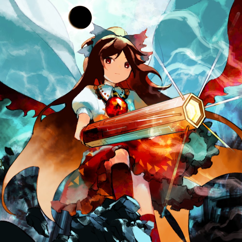 1girl :| bangs black_hole black_legwear bow brown_eyes brown_hair cape closed_mouth expressionless foot_out_of_frame frilled_shirt_collar frills green_bow hair_bow hand_cannon kaigen_1025 knee_up long_hair looking_at_viewer parted_bangs puffy_short_sleeves puffy_sleeves reiuji_utsuho shirt short_sleeves solo third_eye touhou white_cape white_shirt wings