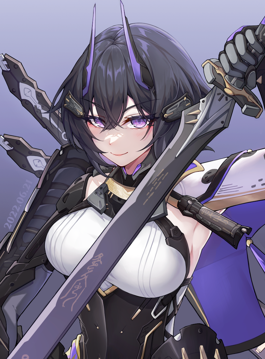1girl aether_gazer armor armored_corset armpits bangs black_hair breasts corset hair_between_eyes hair_ornament hairclip highres holding holding_sword holding_weapon huge_breasts looking_at_viewer mechanical_arms ryouya_(ryoya) short_hair shoulder_armor simple_background smile solo sword tsukuyomi_(aether_gazer) violet_eyes weapon weapon_on_back