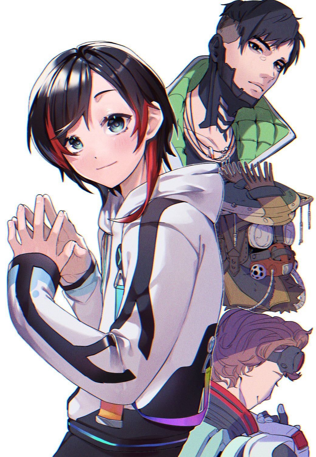 1girl 1other 2boys apex_legends black_gloves black_hair bloodhound_(apex_legends) blue_eyes blush collarbone crazy_raccoon crypto_(apex_legends) gloves goggles goggles_on_head helmet highres hood hoodie horizon_(apex_legends) jewelry looking_at_viewer lupi_(yuni_060969) multicolored_hair multiple_boys necklace orange_hair own_hands_together rebreather redhead short_hair smile streaked_hair uruca_(vtuber) white_hoodie