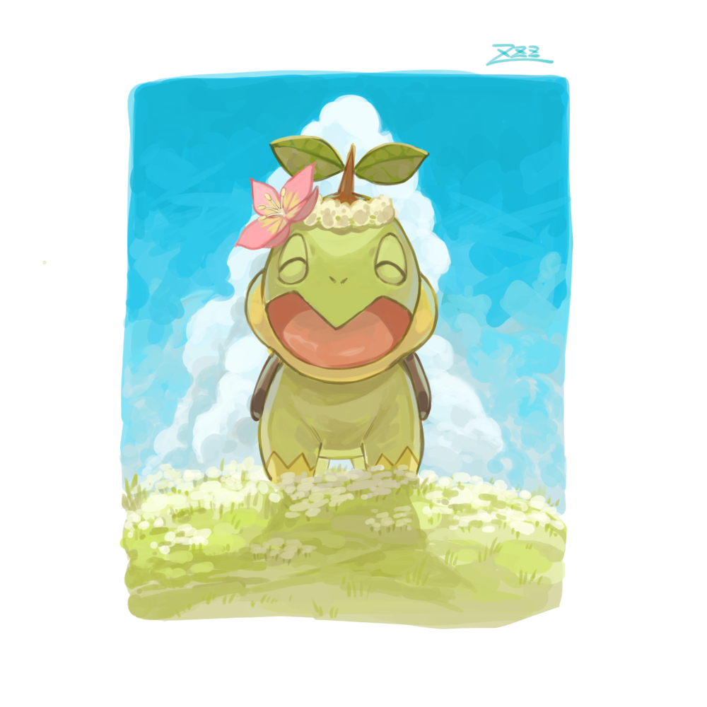 border closed_eyes clouds commentary_request day facing_viewer flower grass happy no_humans open_mouth outdoors oyasuminjyutsu pink_flower pokemon pokemon_(creature) signature sky smile solo tongue turtwig white_border