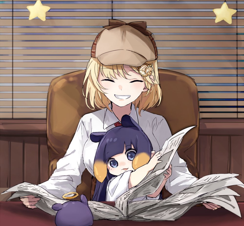 2girls blinds blonde_hair blue_eyes closed_eyes deerstalker hair_ornament hat hololive hololive_english indoors mole mole_under_eye monocle_hair_ornament multiple_girls newspaper ninomae_ina'nis parted_lips pointy_ears purple_hair sitting smile star_(symbol) tako_(ninomae_ina'nis) teeth tentacle_hair virtual_youtuber watson_amelia younger yuuyu_(777)