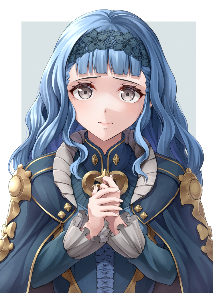 1girl bangs black_eyes blue_cape blue_dress blue_hair blue_hairband blunt_bangs cape center_frills closed_mouth commentary dress fire_emblem fire_emblem:_three_houses fire_emblem_warriors:_three_hopes frills hairband lace_hairband lips long_hair long_sleeves looking_at_viewer marianne_von_edmund official_alternate_costume official_alternate_hairstyle own_hands_together pink_lips solo ten_(tenchan_man) upper_body wavy_hair