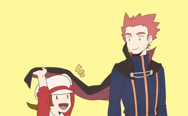 1boy 1girl :d arms_up brown_hair cape hat holding holding_cape holding_clothes jacket jaho lance_(pokemon) long_hair lyra_(pokemon) notice_lines open_mouth pokemon pokemon_(game) pokemon_hgss red_shirt shirt short_hair simple_background smile solid_oval_eyes spiky_hair tongue turtleneck turtleneck_jacket white_headwear yellow_background