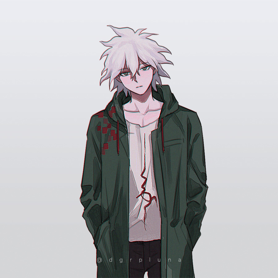 1boy bangs boleum_(dgrpluna) breast_pocket brown_pants closed_eyes collarbone cowboy_shot danganronpa_(series) danganronpa_2:_goodbye_despair green_jacket grey_background grey_hair grey_shirt hair_between_eyes hands_in_pockets jacket komaeda_nagito long_sleeves messy_hair open_clothes open_jacket pants pocket print_shirt shirt simple_background solo watermark