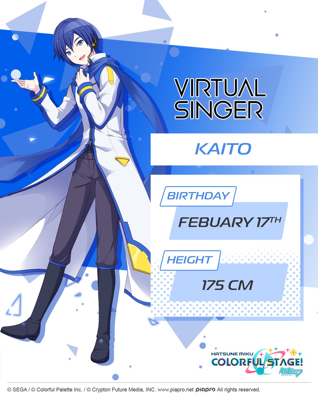 1boy birthday blue_eyes blue_hair blue_scarf character_name coat colorful_palette full_body grey_pants height highres kaito_(vocaloid) long_sleeves looking_at_viewer male_focus official_art open_mouth pants project_sekai scarf short_hair smile standing vocaloid white_coat