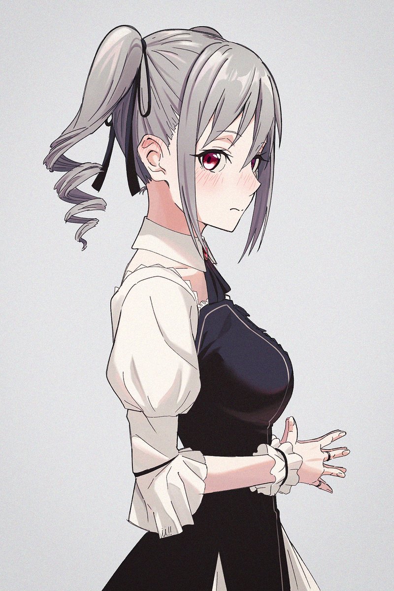 1girl blush breasts detached_collar drill_hair ear_blush full-face_blush grey_background grey_hair highres idolmaster idolmaster_cinderella_girls kanzaki_ranko looking_at_viewer looking_to_the_side medium_breasts neck_ribbon own_hands_together puffy_short_sleeves puffy_sleeves red_eyes ribbon shikiama short_sleeves sideways_glance simple_background solo twintails two-tone_dress upper_body wrist_cuffs