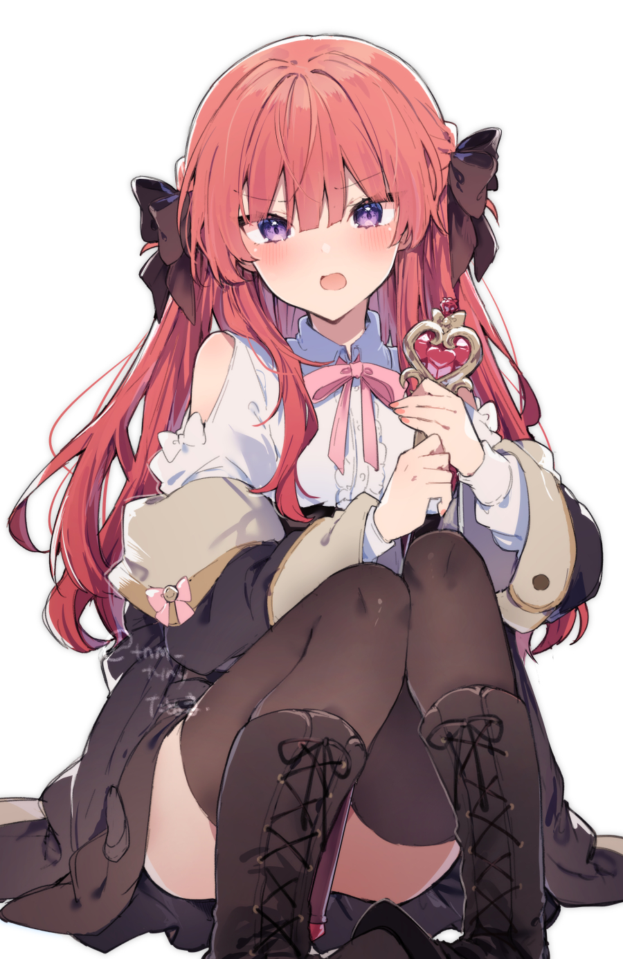 1girl anna_(ikeuchi_tanuma) black_bow black_coat blush boots bow brown_legwear clothing_cutout coat cross-laced_footwear feet_out_of_frame hair_bow heart_wand highres holding holding_wand ikeuchi_tanuma long_hair looking_at_viewer neck_ribbon off_shoulder open_clothes open_coat open_mouth original pigeon-toed pink_ribbon redhead ribbon shirt shoulder_cutout simple_background sitting solo thigh-highs violet_eyes wand white_background white_shirt