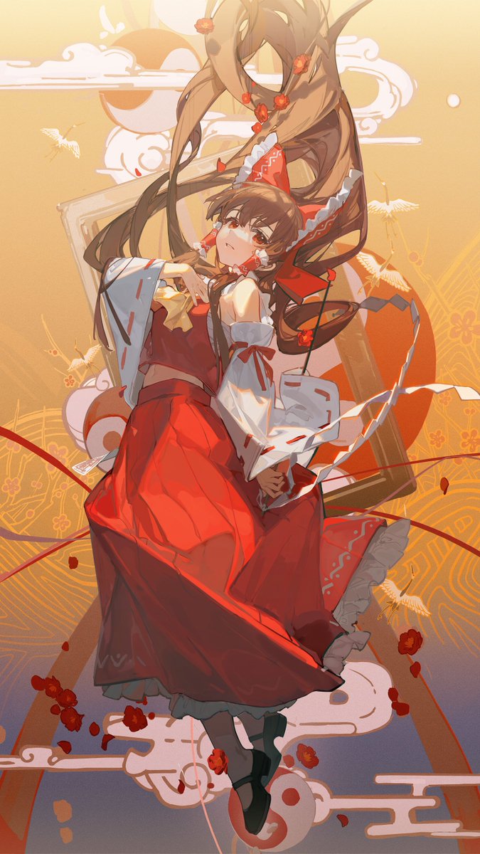 1girl ascot bird black_footwear bow breasts brown_hair chest_sarashi ciloranko clouds commentary crane_(animal) detached_sleeves egasumi floating_hair flower frilled_bow frilled_skirt frills full_body gohei gradient gradient_background grey_background hair_bow hair_flower hair_ornament hair_tubes hakurei_reimu hand_on_own_chest highres holding holding_gohei long_hair looking_at_viewer medium_breasts midriff navel nontraditional_miko orange_background parted_lips picture_frame pleated_skirt red_bow red_eyes red_flower red_skirt sarashi shoes sidelocks skirt solo talisman touhou wide_sleeves yellow_ascot yin_yang