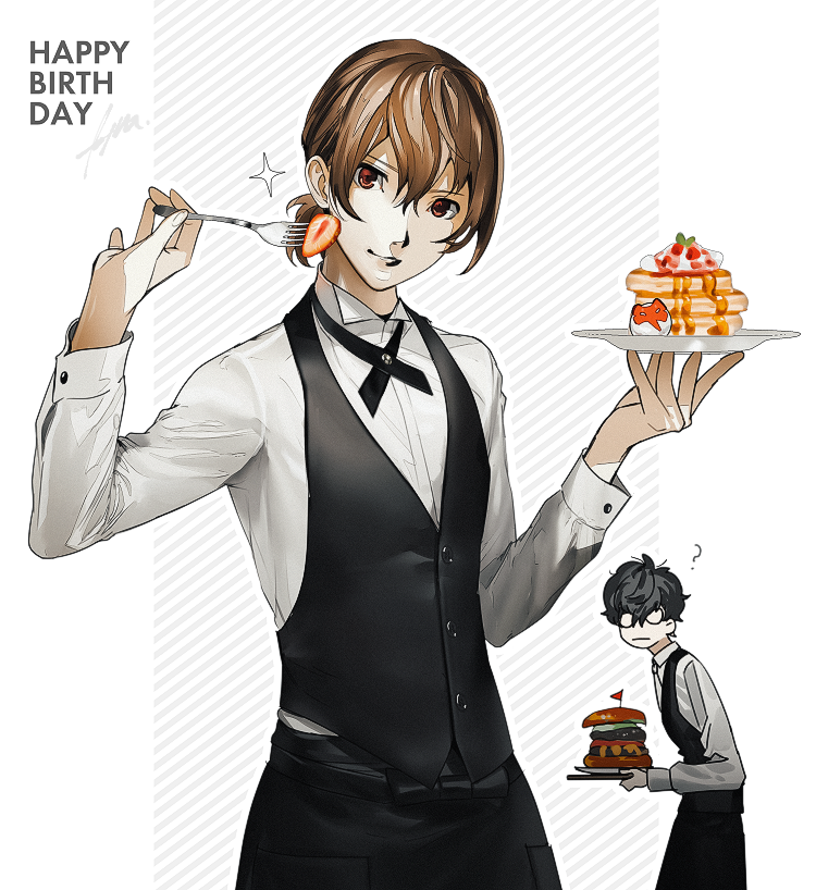 2boys ? akechi_gorou alternate_costume alternate_hairstyle amamiya_ren apron bangs black_apron black_hair black_vest brown_eyes brown_hair btmr_game burger commentary_request food fork fruit glasses hair_between_eyes happy_birthday holding holding_fork holding_plate long_sleeves low_ponytail male_focus multiple_boys opaque_glasses pancake persona persona_5 plate ponytail shirt short_ponytail signature simple_background sparkle strawberry vest waist_apron waiter white_shirt