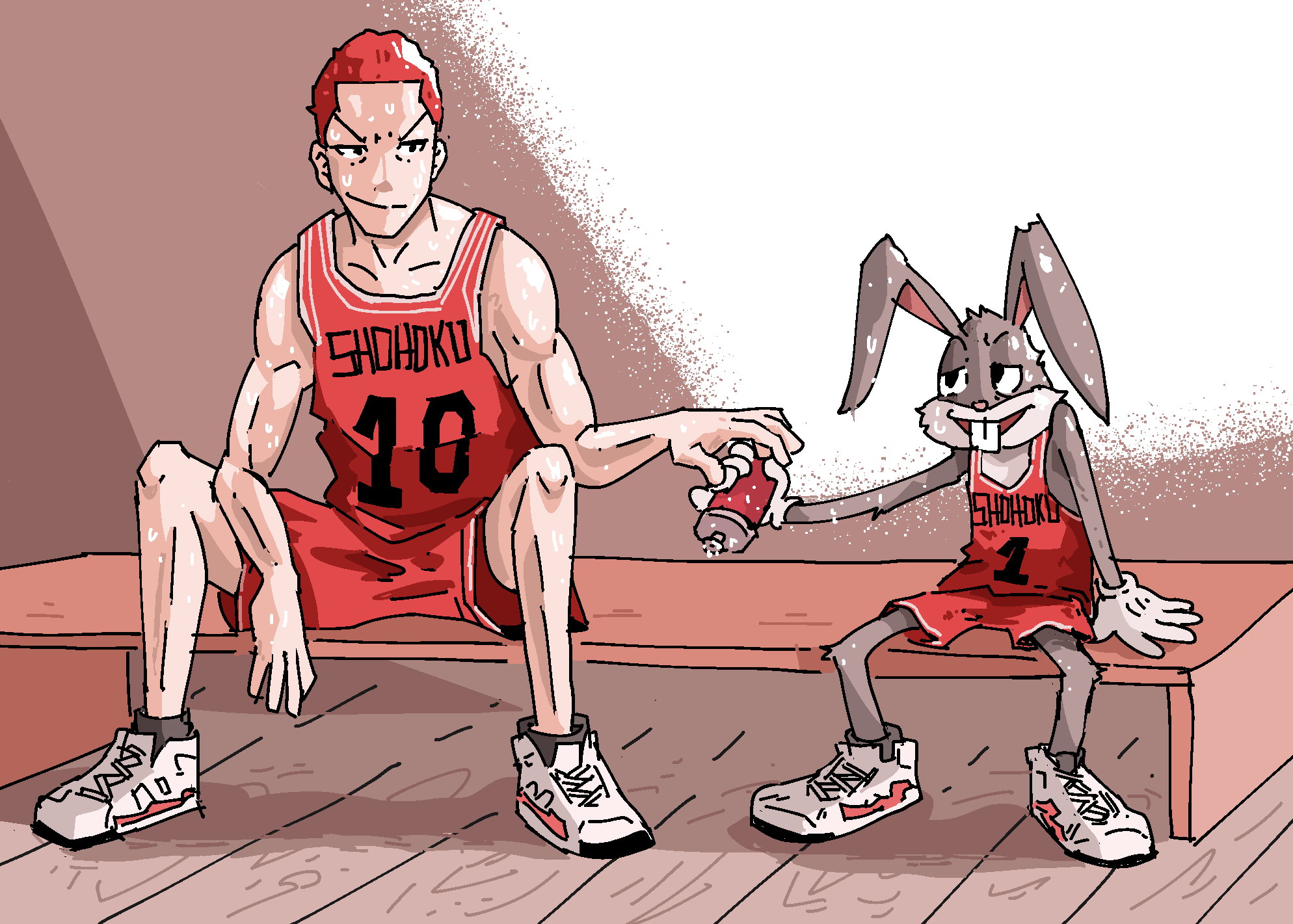 2boys basketball_uniform bugs_bunny crossover highres looney_tunes multiple_boys psicochurroz rabbit red_shorts redhead sakuragi_hanamichi shorts sitting slam_dunk_(series) sportswear