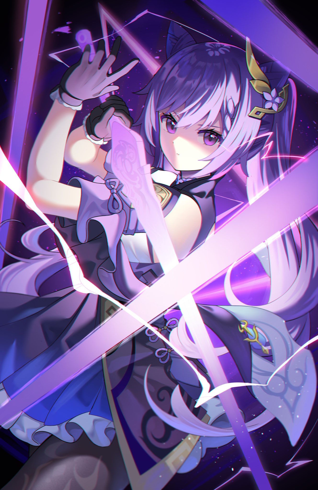 1girl arms_up bangs bare_shoulders black_background bow breasts brown_legwear closed_mouth dress flower genshin_impact gloves gold hair_between_eyes hair_flower hair_ornament hands_up highres holding holding_weapon keqing_(genshin_impact) light long_hair looking_at_viewer medium_breasts off_shoulder pantyhose purple_background purple_bow purple_dress purple_flower purple_gloves purple_hair purple_theme short_sleeves solo standing sword violet_eyes weapon yuujin_(yuzinn333)