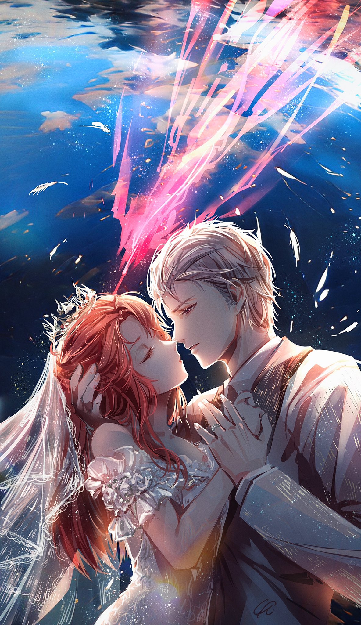 1boy 1girl backlighting bridal_veil bride charlie_su chinese_commentary closed_eyes commentary_request dress emalfire0312 formal grey_hair groom hair_slicked_back half-closed_eyes highres holding_hands hug imminent_kiss jewelry light_and_night_love long_hair off-shoulder_dress off_shoulder parted_lips protagonist_(light_and_night_love) redhead ring short_hair signature suit tiara twilight veil wedding_band wedding_dress white_dress white_suit