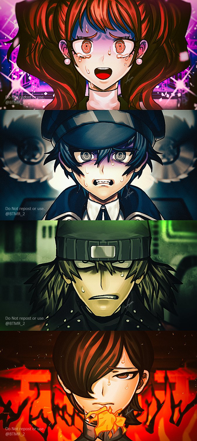 2boys 2girls aragaki_shinjirou beanie black_eyes black_hair black_headwear brown_eyes brown_hair btmr_game clenched_teeth crying danganronpa_(series) earrings flower hair_between_eyes hair_over_one_eye hat highres jacket jewelry kujikawa_rise kurosu_jun multiple_boys multiple_girls open_mouth orange_flower parody persona persona_2 persona_3 persona_4 saw school_uniform shaded_face shirogane_naoto signature sparkle style_parody tears teeth twintails yasogami_school_uniform