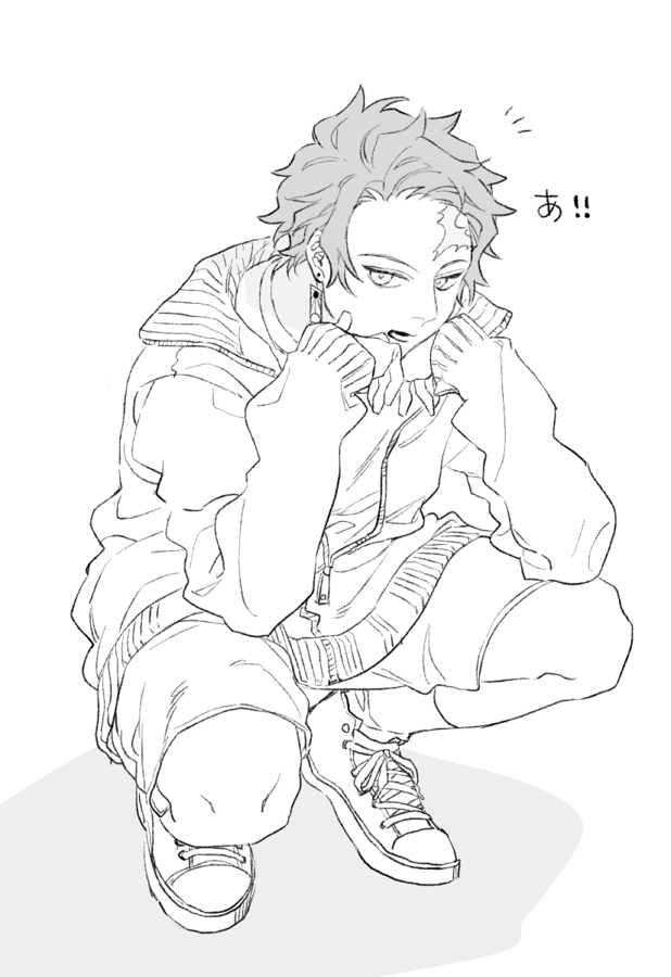 1boy cross-laced_footwear earrings full_body greyscale hands_up head_rest jacket jewelry kamado_tanjirou kimetsu_no_yaiba long_sleeves looking_at_viewer looking_up male_focus monochrome open_mouth scar scar_on_face scar_on_forehead shiki_2589 shoes short_hair shorts simple_background sneakers solo squatting surprised