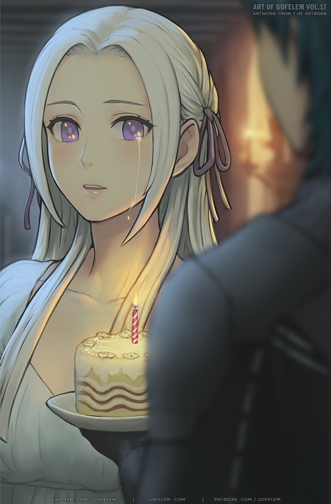 1boy 1girl artist_name birthday birthday_cake blue_hair blush byleth_eisner_(male) cake candle edelgard_von_hresvelg female_focus fire_emblem fire_emblem:_three_houses fire_emblem_heroes fire_emblem_warriors:_three_hopes garreg_mach_monastery_uniform gofelem hair_ribbon happy_birthday intelligent_systems long_hair night nintendo open_mouth pajamas ribbon short_hair tearing_up upper_teeth violet_eyes web_address