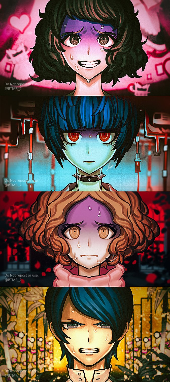 1boy 3girls bangs black_eyes black_hair blood blood_bag blue_hair blunt_bangs brown_eyes brown_hair btmr_game choker clenched_teeth closed_mouth danganronpa_(series) eyelashes heart highres kawakami_sadayo kitagawa_yuusuke multiple_girls okumura_haru parody persona persona_5 portrait shaded_face short_hair signature spiked_choker spikes style_parody sweat takemi_tae teeth twitter_username