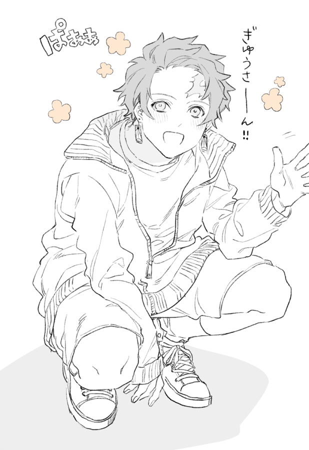 1boy :d blush cross-laced_footwear earrings flower full_body hand_up happy jacket jewelry kamado_tanjirou kimetsu_no_yaiba long_sleeves looking_at_viewer male_focus monochrome open_mouth scar scar_on_face scar_on_forehead shiki_2589 shirt shoes short_hair shorts simple_background smile sneakers solo squatting t-shirt waving zipper