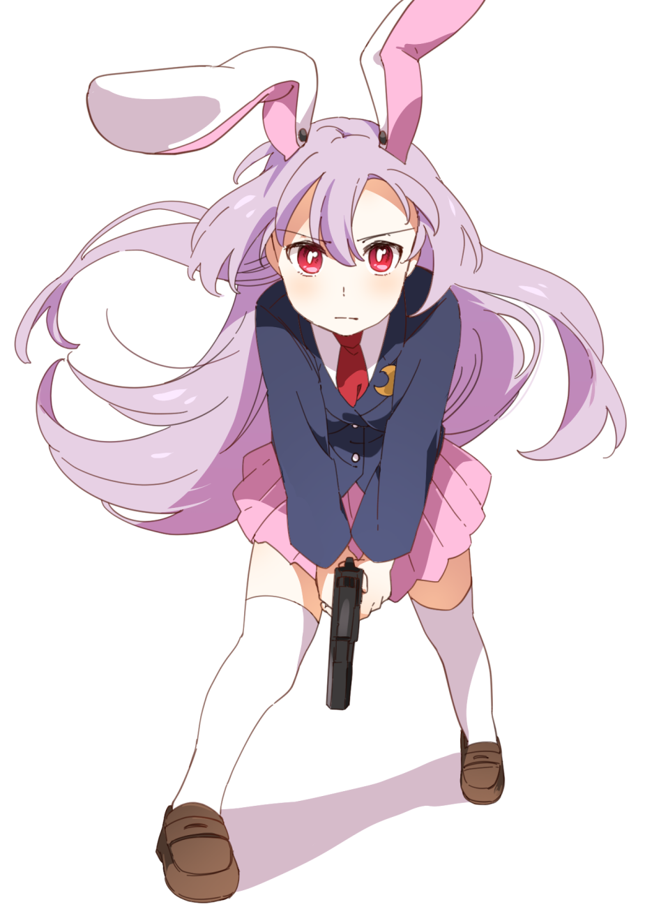 1girl animal_ears bangs blue_jacket blush breasts brown_footwear buttons closed_mouth collared_jacket collared_shirt commentary_request crescent crescent_pin gun hair_between_eyes highres holding holding_weapon jacket light_purple_hair long_hair long_sleeves looking_at_viewer medium_breasts necktie pink_skirt purple_hair rabbit_ears red_eyes red_necktie reisen_udongein_inaba sasaki_sakiko shadow shirt shoes simple_background skirt solo standing thigh-highs touhou v-shaped_eyebrows weapon white_background white_legwear white_shirt