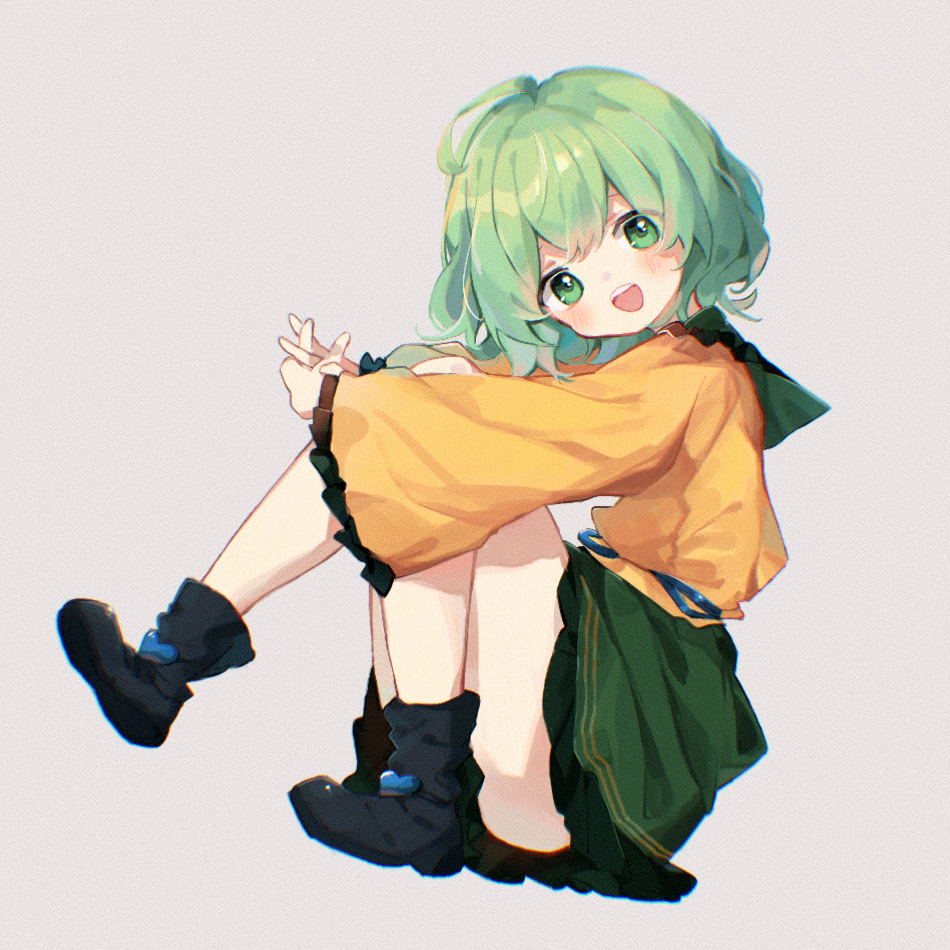 1girl bangs black_footwear blouse blush boots chromatic_aberration commentary film_grain frilled_shirt_collar frilled_skirt frilled_sleeves frills full_body green_eyes green_hair green_skirt komeiji_koishi long_sleeves looking_at_viewer looking_to_the_side medium_hair no_hat no_headwear open_mouth shirt sitting skirt smile solo symbol-only_commentary teeth touhou upper_teeth wavy_hair wide_sleeves xi_(50181439) yellow_shirt