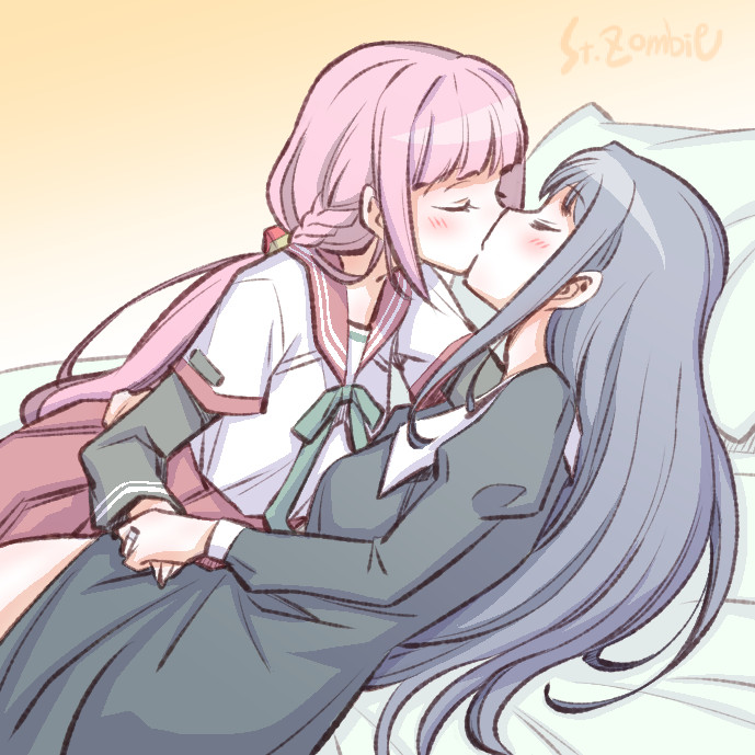 2girls bangs bed bed_sheet black_dress blue_hair blunt_bangs braid breasts closed_eyes dress holding_hands kamihama_university_affiliated_school_uniform kiss light_blush long_hair lying magia_record:_mahou_shoujo_madoka_magica_gaiden mahou_shoujo_madoka_magica medium_breasts multiple_girls nanami_yachiyo on_back on_bed on_side pillow pink_hair school_uniform sidelocks studiozombie tamaki_iroha yuri