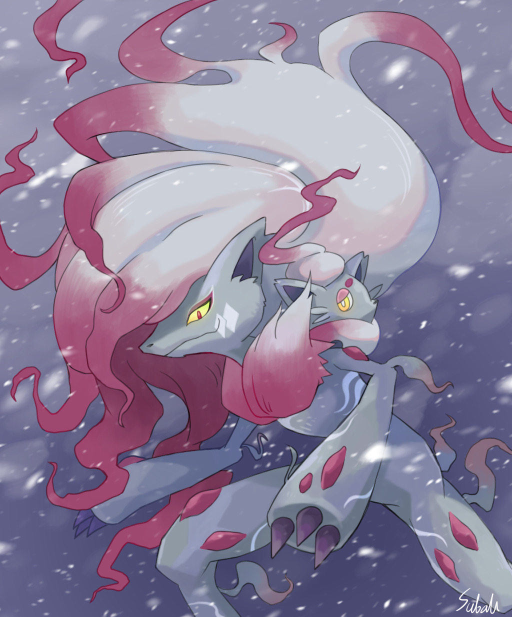 bright_pupils claws closed_mouth commentary_request evolutionary_line furry highres hisuian_zoroark hisuian_zorua outdoors pokemon pokemon_(creature) signature smile snowing taketori_subalu white_pupils yellow_eyes