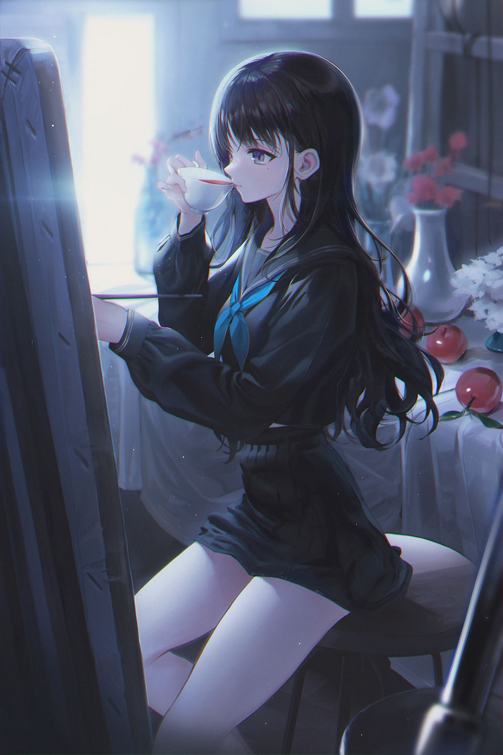 1girl bangs black_hair black_shirt black_skirt blue_eyes cherry cup drinking flower food from_side fruit highres long_hair long_sleeves minncn original painting_(action) school_uniform serafuku shirt sitting skirt solo stool thighs