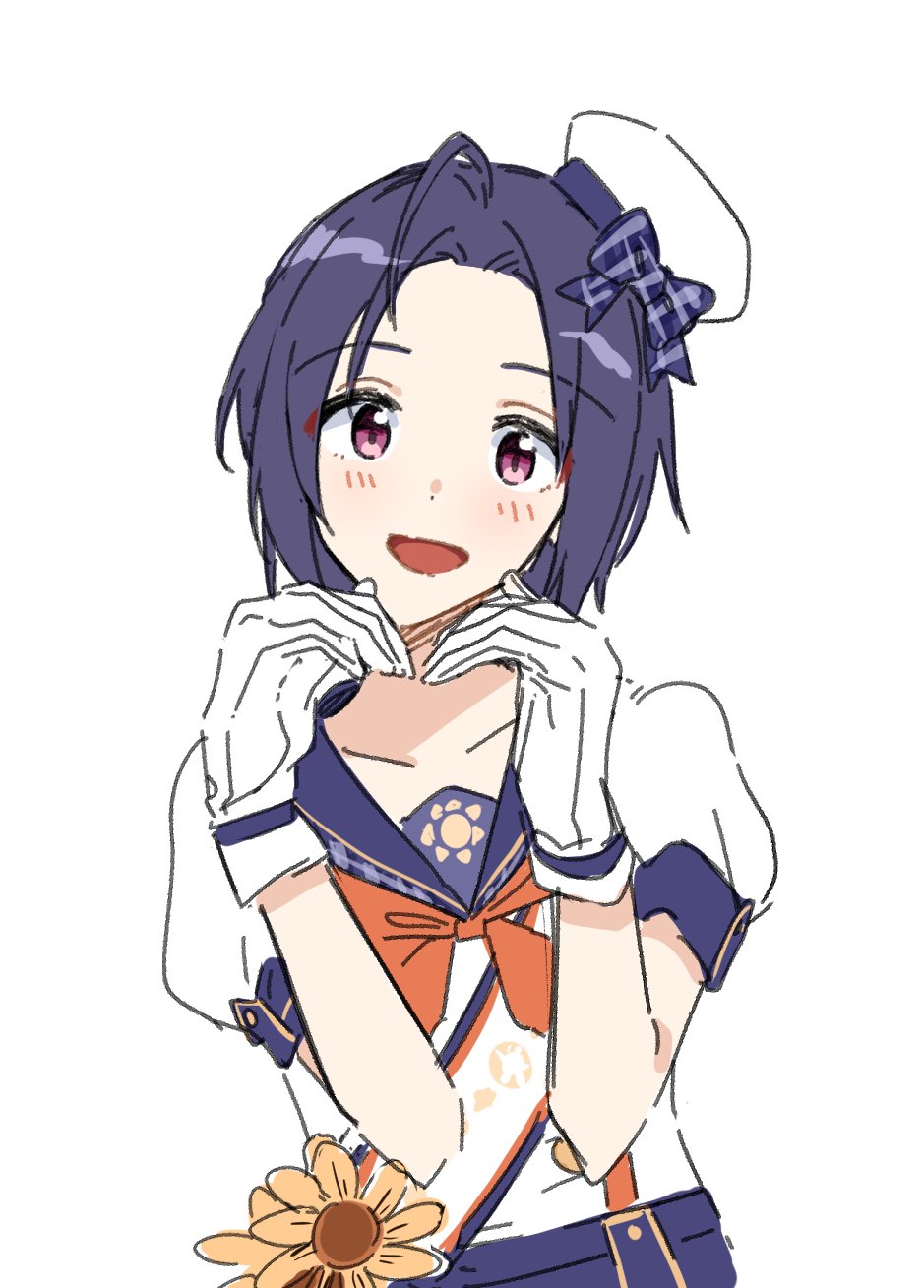 1girl ahoge bangs blush danji_(danji_bang) dark_blue_hair forehead gloves hat heart_arms highres idolmaster idolmaster_(classic) idolmaster_million_live! looking_at_viewer mini_hat miura_azusa parted_bangs pose puffy_short_sleeves puffy_sleeves red_eyes short_hair short_sleeves simple_background smile solo upper_body white_background white_gloves