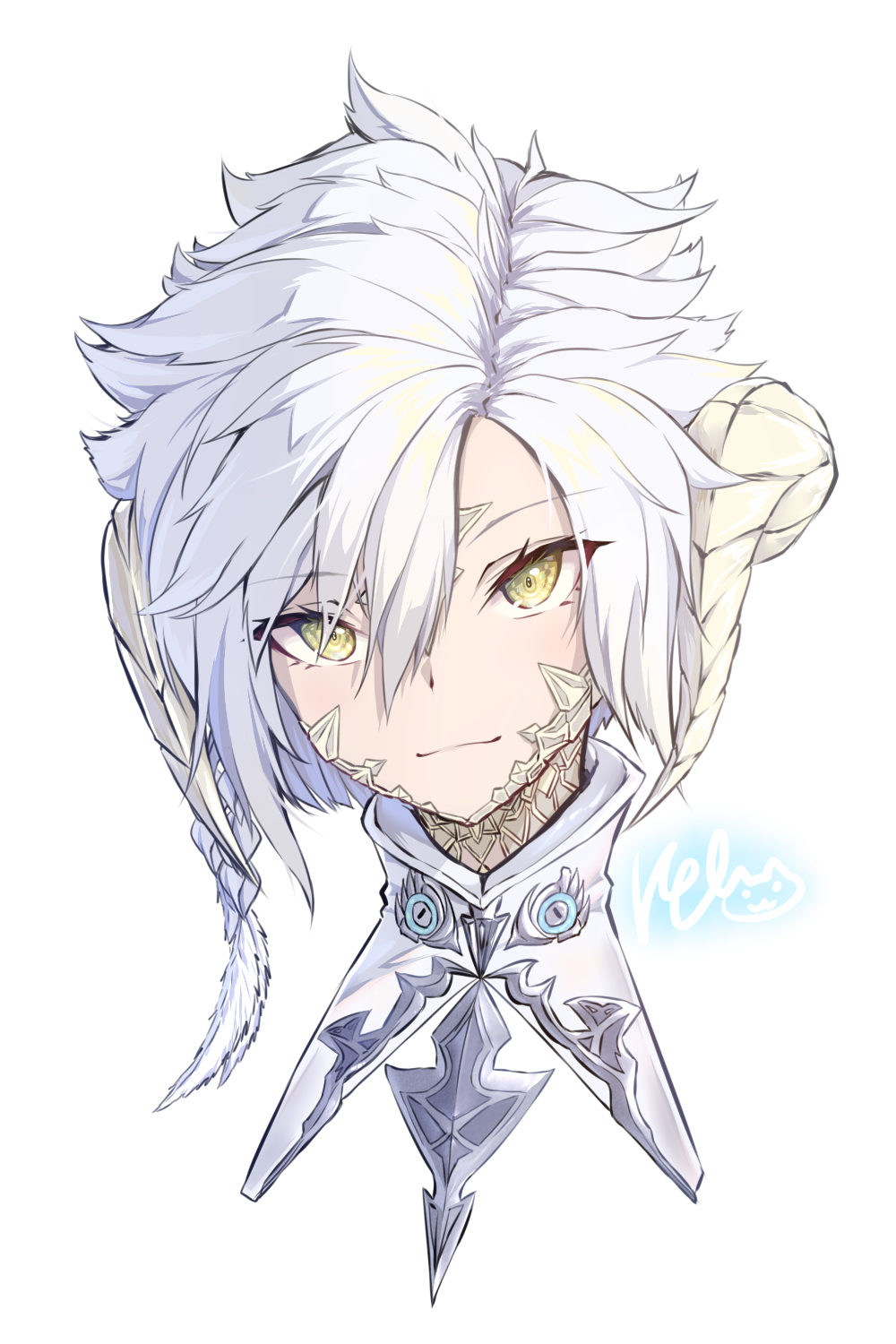 au_ra bangs closed_mouth commentary_request facial_mark final_fantasy final_fantasy_xiv forehead_mark hair_between_eyes highres horns looking_at_viewer parted_bangs ponta_(velmar) portrait scales signature simple_background smile white_background white_hair yellow_eyes