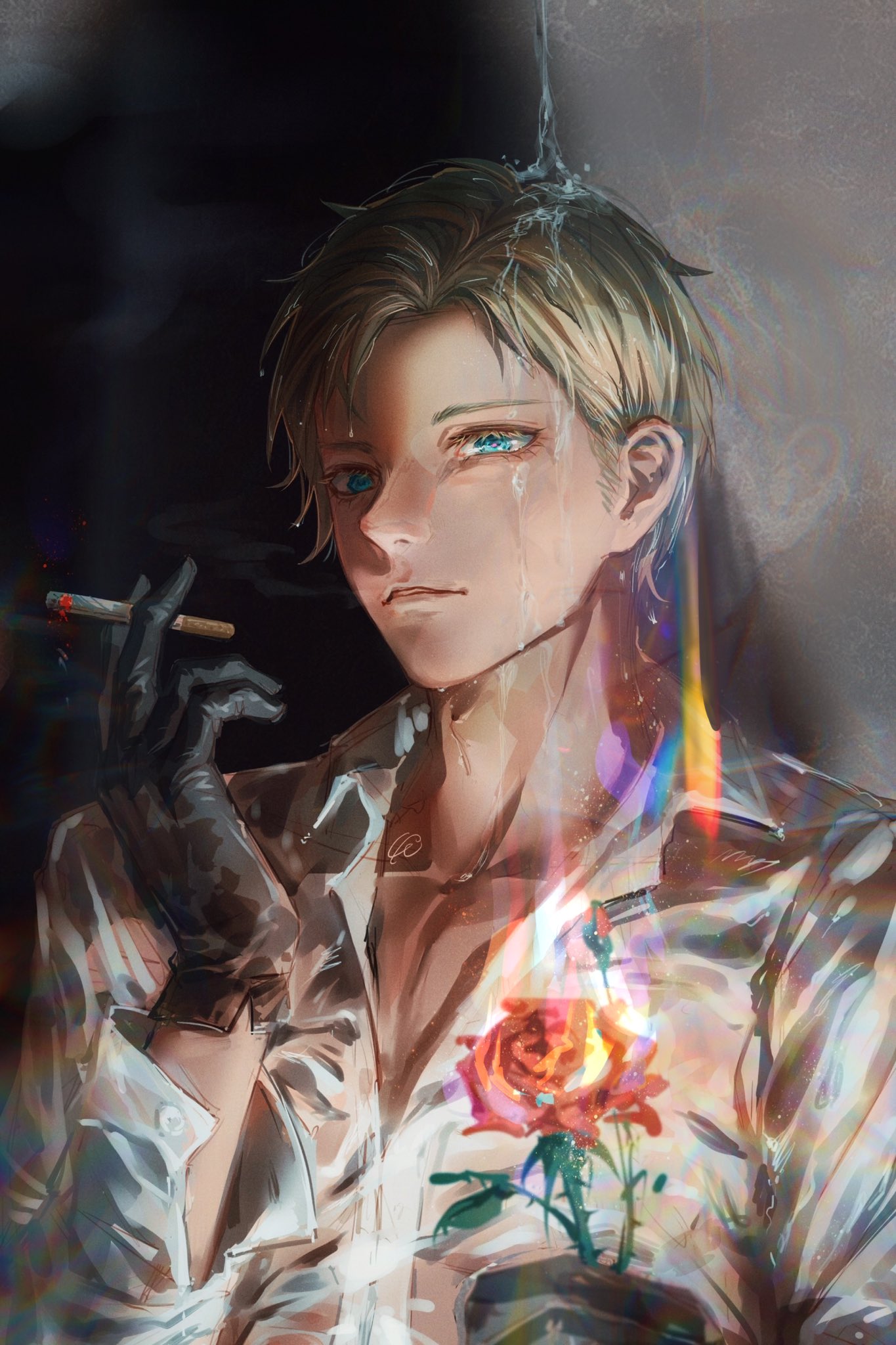 1boy black_background black_gloves blonde_hair blue_eyes cigarette closed_mouth curtained_hair emalfire0312 english_commentary flower gloves grey_background highres holding holding_cigarette holding_flower light_blue_eyes looking_at_viewer nose partially_unbuttoned rose shirt short_hair signature solo spy_x_family twilight_(spy_x_family) two-tone_background upper_body water wet wet_clothes wet_shirt white_shirt